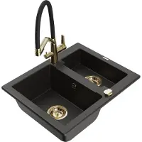 Mexen Carlos granieten gootsteen 1,5-komor met keukenkraan Duo, zwart/goud metallic - 6518-75-671701-57-G