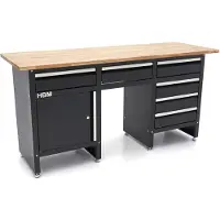 HBM werkbank 171 cm met 6 laden en deur, massief houten werkblad, zwart