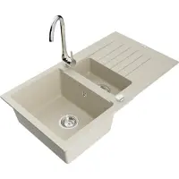Mexen Matias granieten gootsteen 1,5-kamer met afdruiprek en keukenkraan Telma, beige - 6502-69-670200-00