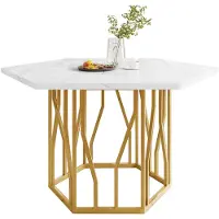 STILVORA Eettafel van rundermarmer, keukentafel, X-vormige salontafel met metalen frame