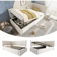 STILVORA slaapbank 90x200 cm, dagbed met hydraulische opbergruimte, slaapbank voor jongeren, dagbed met houten lattenbodem, inclusief matras, beige