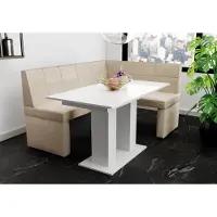 Fun-Möbel Eckbankset 168x128 cm BLAKE L, bekleding: stof Soro, kleur: crème / Eettafel DANTE, kleur: wit, afwerking: hoogglans