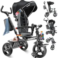 Kidiz Loopfiets Driewieler 5in1 Kinderfiets kinderdriewielerfiets 1 jaar vooruit en achteruit Jogger , mand tas drinkhouder zonnekap rubberen wielen, buggy fiets baby opvouwbaar driewielfiets - Zwart