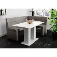 Fun-Möbel Eckbankset 168x128 cm BLAKE L, kunstleer, grijs / Eettafel DANTE, wit, HGL (hoogglans)