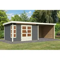 Karibu tuinhuis, tuinhuisje, model Kastorf 7, in een set met een aanbouwdak, breedte 3,2 meter, zij- en achterwanden in de kleur terragrau, afmetingen 655x244x222 cm