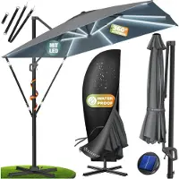 Kesser Zweefparasol met LED Solar Verlichting en voet 300cm x 300cm - Parasol 360° Draaibaar Inclusief Beschermhoes UV50+ Tuinparasol Zonne-energie - Antraciet