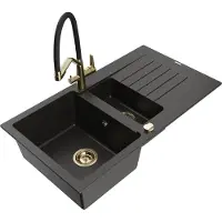 Mexen Matias granieten spoelbak 1,5-komor met afdruiprek en keukenmengkraan Duo, zwart/goud metallic - 6502-75-671701-57-G