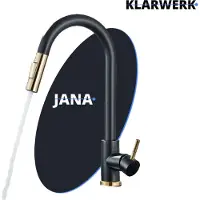 KLARWERK JANA | Premium roestvrijstalen uittrekbare keukenkraan, goud/zwart | Mengkraan met hoge boog, geschikt voor hoge druk, 360° draaibaar, 2 aansluitingen | Professionele kraan voor de horeca