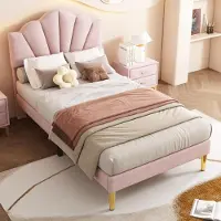 Sweiko -Fluwelen- gestoffeerd bed- 90 x 200 cm- schelpvormig bed met gouden ijzeren poten- in hoogte verstelbaar hoofdeinde- houten lattenbodem- roze- zonder matras