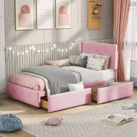 Sweiko -Gestoffeerd bed 90 x 200 cm- rugleuning en twee lades- eenpersoonsbed- kinderbed- jeugdbed- logeerbed (roze)- zonder matras