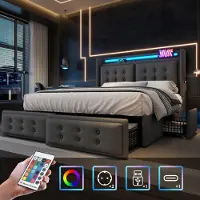 Sweiko -Gestoffeerd bed 160x200- tweepersoonsbed met LED-hoofdbord en USB C en 4 lades- opbergbedden- grijs- zonder matras