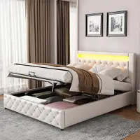 Sweiko -Gestoffeerd bed 160 x 200 cm- functioneel bed met lattenbodem en opbergruimte- met ledverlichting- met opbergfunctie- wit- PU- ​​Zonder matras