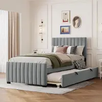 Sweiko -Gestoffeerd bed 90 x 190 cm met uitschuifbaar bed- vlak eenpersoonsbed in huidvriendelijke fluwelen stof- kinderbed- jeugdbed- logeerbed (grijs)- zonder matras