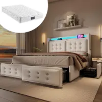 Sweiko -Gestoffeerd bed 160x200- tweepersoonsbed met LED-hoofdbord en USB C en 4 lades- opbergbedden- beige- met matras
