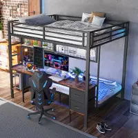 MODFU Patrov bed met matras, 140x200. Jugendbed met lades en bureau, metalen bedframe met 7-kleurige LED-strip, USB-aansluiting, zwart