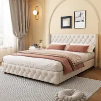 Sweiko -Gestoffeerd bed 160 x 200 cm met lattenbodem en hoofdbord- knoopbekleding- klinknagelbekleding- houten poten- linnen- beige- zonder matras