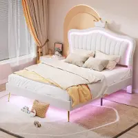 Sweiko -Kinderbed gestoffeerd 140 x 200 cm- bedframe voor meisjes- wit kroon tweepersoonsbedframe met LED-verlichting- zonder matras