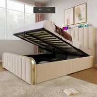 Sweiko -Gestoffeerd tweepersoonsbed- hoofdbord met gouden sierstrepen en USB Type-C 140 x 200 cm- hydraulisch opbergbed- zonder matras