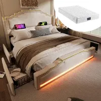 Sweiko -Gestoffeerd bed 140x200- tweepersoonsbed met 4 lades- ledverlichting en USB-C-oplaadpoort- beige- met matras