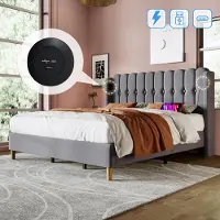 Sweiko -Gestoffeerd tweepersoonsbed met USB Type C- bedframe met lattenbodem- bed in grijs- 180 x 200 cm bedframe jeugdbed- zonder matras