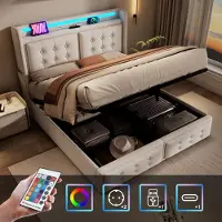 Sweiko -Gestoffeerd bed 180x200- tweepersoonsbed met LED-hoofdbord en USB C- hydraulisch bed- draagvermogen 300 kg- beige- zonder matras