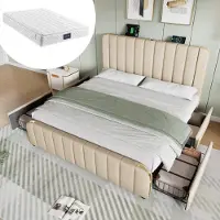 Sweiko -Gestoffeerd tweepersoonsbed- hoofdbord met gouden sierstrepen en USB Type-C 140 x 200 cm- met 4 lades- inclusief matras