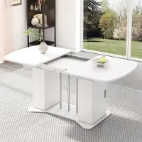 Sweiko Uitschuifbare Eettafel 120/160 x 80 cm, moderne stijl, zilverkleurige metalen poten, eettafel met opbergruimte, multifunctionele eettafel, geschikt voor 4-6 personen, wit + zilverkleurige poten