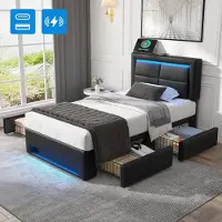 Sweiko -Gestoffeerd bed 90x200 cm- met USB-aansluiting- met LED-verlichting en vier lades- zonder matras- PU-lychee-patroon- zwart