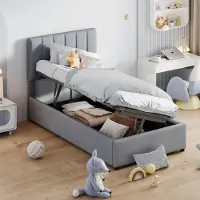 Sweiko -Kinderbed gestoffeerd bed 90x200 cm- hydraulisch opbergbed- huidvriendelijke linnen hoogslaper- grijs- zonder matras