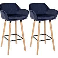 CLP Grant Set van 2 barkrukken - Met rugleuning - Moderne Barstoel - Beukenhouten Poten - Belastbaar tot 150 kg - Velvet - Fluweel - donkerblauw/natura