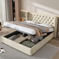 Sweiko -Lit rembourré en forme d'oreille-velours-Lit dubbel-140 x 190-Lit fonctionnel hydraulique-beige-Zonder matras
