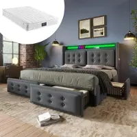 Sweiko -Gestoffeerd bed 160x200- tweepersoonsbed met LED-hoofdbord en USB C en 4 lades- opbergbedden- grijs- met matras