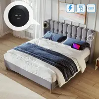 Sweiko -Gestoffeerd tweepersoonsbed met USB Type C- bedframe met lattenbodem- bed in grijs- 140 x 200 cm bedframe jeugdbed- zonder matras