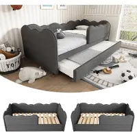 Sweiko Polsterdagbed 90x190 cm, dagbed met slaapbank en uittrekbaar bed 90x190 cm, kinderbed met lattenbodem, linnen, grijs, zonder matras