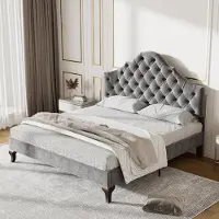 Sweiko -Gestoffeerd bed 140 x 200 met lattenbodem en hoofdbord- gestoffeerd bed met in hoogte verstelbaar hoofdbord- fluweel- grijs- zonder matras