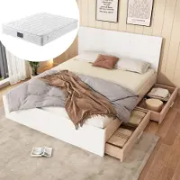 Sweiko -Tweepersoonsbed van hout 160x200cm met 2 lades- bedframe & lattenbodem eiken/wit met matras