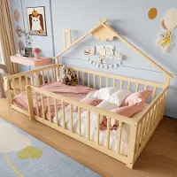 Sweiko vlakke bedbodem, 90x190 cm, kinderbed, met voetborden, spijlen met slot, gemaakt van grenenhout, naturel