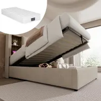 Sweiko -Eenpersoonsbed met draadloos opladen USB C- gestoffeerd bedframe 90x200cm- bedframe met opbergruimte lattenbodem- linnengoed met matras