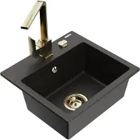 Mexen Milo granieten gootsteen met 1 bak en Rita keukenmengkraan, zwart/goud metallic - 6505-75-670300-50