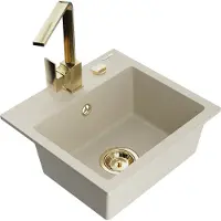 Mexen Milo granieten gootsteen 1-komory met keukenmengkraan Rita, beige - 6505-69-670300-50