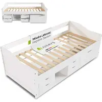 Juskys – Nalu Functioneel Bed & Kajuitbed – 90 x 200 cm – Voorzien Van 5 Laden En Lattenbodem – Voor Kinderkamer En Logeerkamer – Wit Grenenhout
