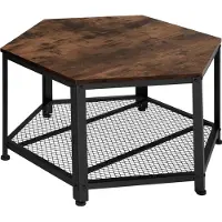 TecTake Salontafel met roosterplank - 6-hoekige tafel - Woonkamertafel met opbergruimte - Industrieel design - Zwart metalen frame - Afmeting (LxBxH) 86,5 x 75 x 46,5 cm - Donkerbruin