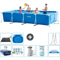 Intex Rechthoekig Frame Zwembad - 450 x 220 x 84 cm - Blauw - Inclusief Solarzeil - Onderhoudspakket - Zwembadfilterpomp - Filter - Grondzeil - Solar Mat - Ladder - Voetenbad - 9-delig