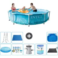 Intex Rond Frame Zwembad - 305 x 76 cm - Waterprint - Inclusief Solarzeil - Onderhoudspakket - Zwembadfilterpomp - Filter - Solar Mat - Ladder - Voetenbad - Vloertegels - 9-delig
