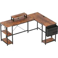 Fortuna L-vormige bureau, 168 x 120 cm. Hoekbureau met opbergvakken en opbergtas. Omkeerbaar computerbureau met monitorstandaard. Gaming bureau voor kantoor, thuiswerkplek, in rustieke bruine stijl