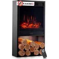 KAMINIO Elektrische kachel HUGO - Elektrische kachel met verwarming, 3D-vlammeffect, LED-omgevingslicht, houtvak, afstandsbediening - Zwart