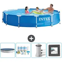 Intex Rond Frame Zwembad - 366 x 76 cm - Blauw - Inclusief Afdekzeil - Onderhoudspakket - Zwembadfilterpomp - Vloertegels