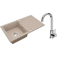VBChome granieten spoelbak, 76 x 44 cm, beige, met kraan, enkele spoelbak, inbouwspoelbak, omkeerbaar, gespikkeld. Onderhoudsvriendelijke spoelbak met sifon