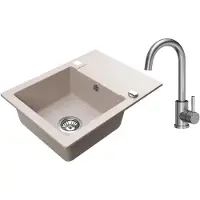 VBChome granieten spoelbak, 59 x 44 cm, beige, met kraan, enkele spoelbak, inbouwspoelbak, omkeerbaar, gespikkeld. Onderhoudsvriendelijke spoelbak met sifon