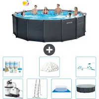 Intex runder zwembad met grafietgrijs paneel – 478 x 124 cm – inclusief pomp, ladder, bodemzeil, afdekking, onderhoudspakket, filterballen en reinigingsset